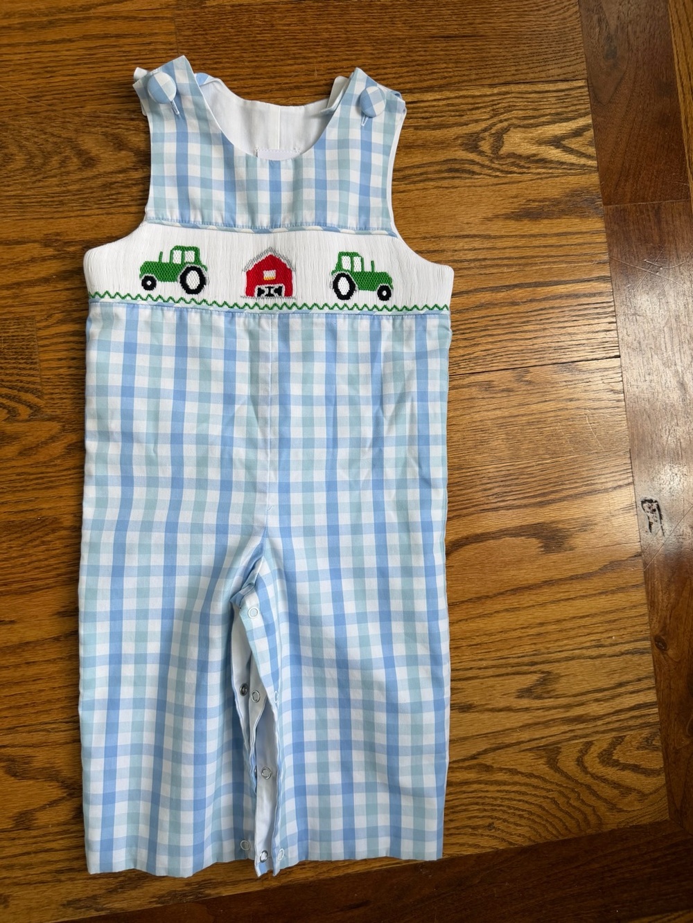 Light Blue Gingham Tractor Smocked One-Piece Bodysuit for Kids never worn